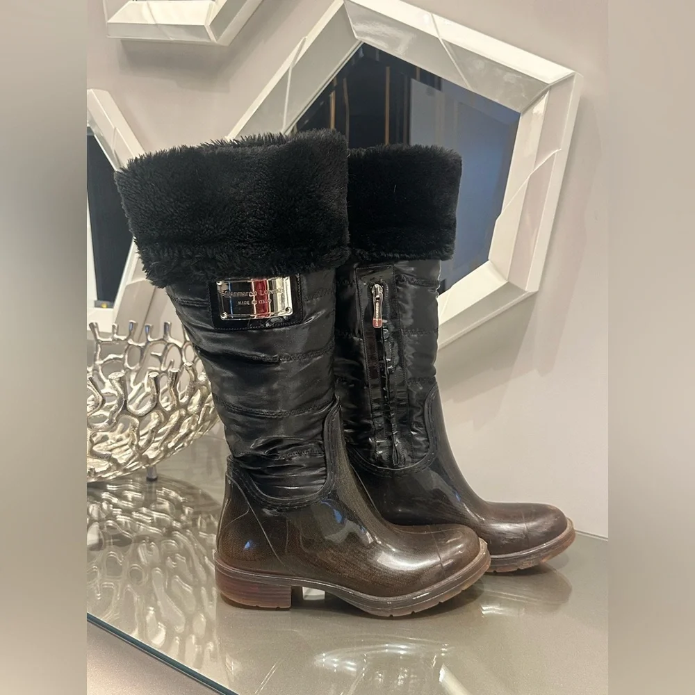 Gianmarco Lorenzi Luxury Italian Designer Faux Fur Trim Lining Rain Boots- 37